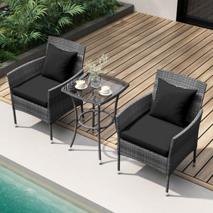 3 Pieces Patio Furniture Set with Cushioned Patio Chairs and Tempered Glass Coffee Table-Black