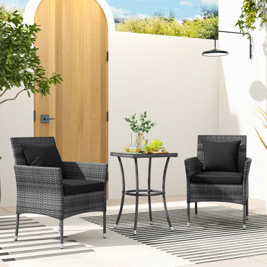 3 Pieces Patio Furniture Set with Cushioned Patio Chairs and Tempered Glass Coffee Table-Black