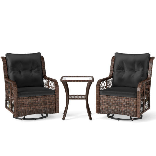 3 Pieces Patio Furniture Set PE Wicker Swivel Glider Chairs with 2-Tier Side Table and Cushions-Black