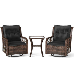 3 Pieces Patio Furniture Set PE Wicker Swivel Glider Chairs with 2-Tier Side Table and Cushions-Black