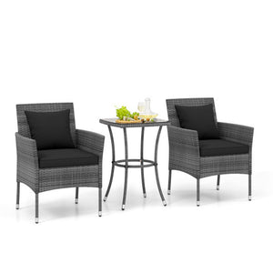 3 Pieces Patio Furniture Set with Cushioned Patio Chairs and Tempered Glass Coffee Table-Black