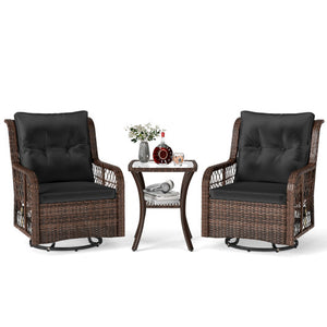 3 Pieces Patio Furniture Set PE Wicker Swivel Glider Chairs with 2-Tier Side Table and Cushions-Black