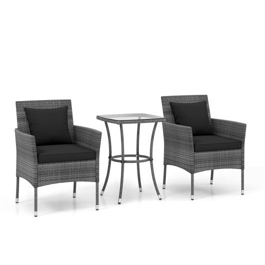 3 Pieces Patio Furniture Set with Cushioned Patio Chairs and Tempered Glass Coffee Table-Black
