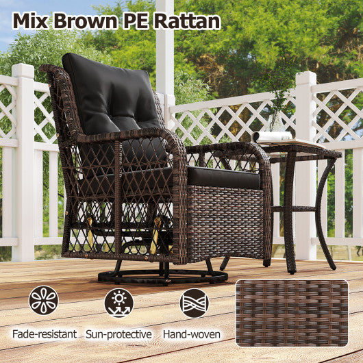 3 Pieces Patio Furniture Set PE Wicker Swivel Glider Chairs with 2-Tier Side Table and Cushions-Black