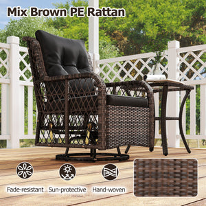 3 Pieces Patio Furniture Set PE Wicker Swivel Glider Chairs with 2-Tier Side Table and Cushions-Black