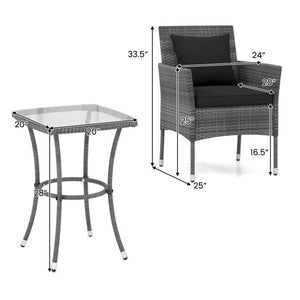 3 Pieces Patio Furniture Set with Cushioned Patio Chairs and Tempered Glass Coffee Table-Black