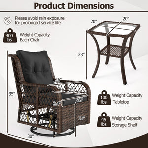 3 Pieces Patio Furniture Set PE Wicker Swivel Glider Chairs with 2-Tier Side Table and Cushions-Black