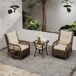 3 Pieces Patio Furniture Set PE Wicker Swivel Glider Chairs with 2-Tier Side Table and Cushions-Brown
