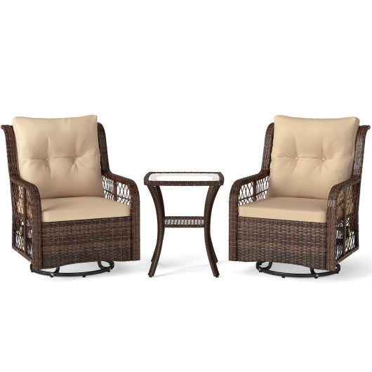 3 Pieces Patio Furniture Set PE Wicker Swivel Glider Chairs with 2-Tier Side Table and Cushions-Brown