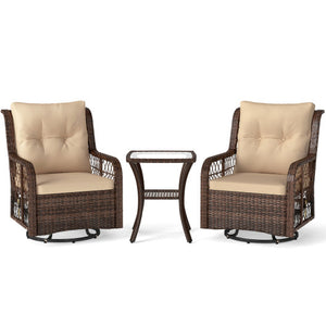 3 Pieces Patio Furniture Set PE Wicker Swivel Glider Chairs with 2-Tier Side Table and Cushions-Brown