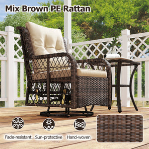 3 Pieces Patio Furniture Set PE Wicker Swivel Glider Chairs with 2-Tier Side Table and Cushions-Brown