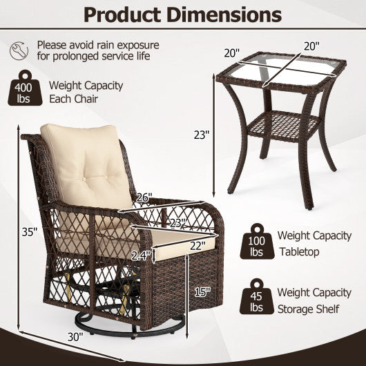 3 Pieces Patio Furniture Set PE Wicker Swivel Glider Chairs with 2-Tier Side Table and Cushions-Brown