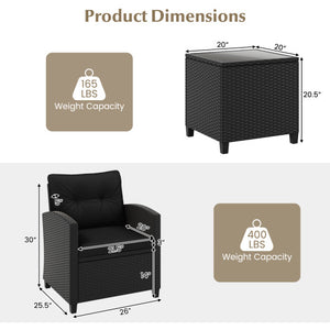 3 Pieces Patio Furniture Set with Tempered Glass Coffee Table-Black