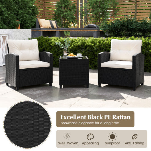 3 Pieces Patio Furniture Set with Tempered Glass Coffee Table-White