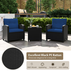 3 Pieces Patio Furniture Set with Tempered Glass Coffee Table-Navy