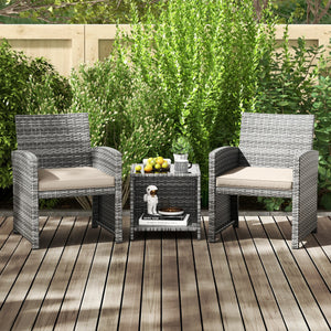 3 Pieces Patio Furniture Set with Tempered Glass Coffee Table and Soft Seat Cushions-White