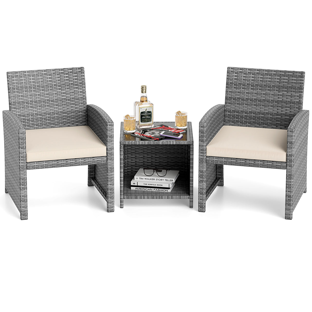 3 Pieces Patio Furniture Set with Tempered Glass Coffee Table and Soft Seat Cushions-White