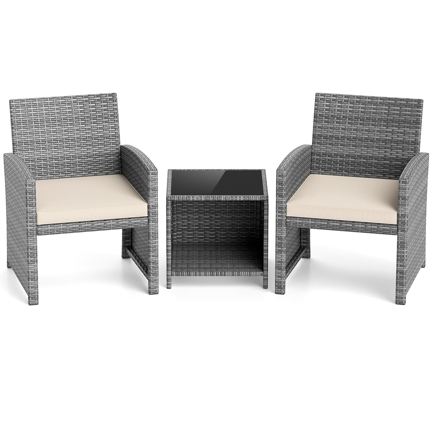 3 Pieces Patio Furniture Set with Tempered Glass Coffee Table and Soft Seat Cushions-White