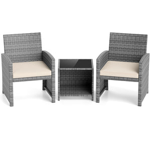 3 Pieces Patio Furniture Set with Tempered Glass Coffee Table and Soft Seat Cushions-White