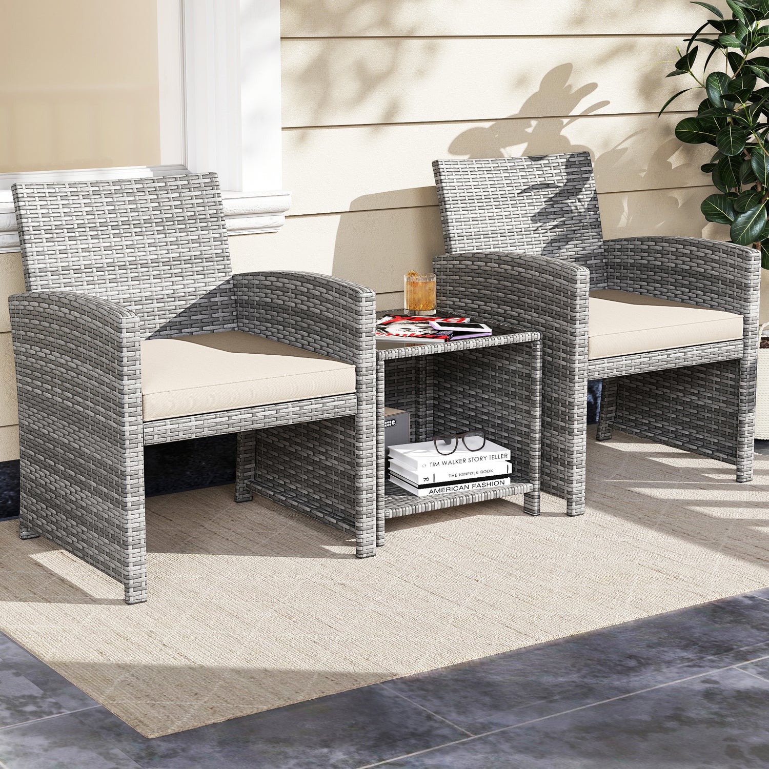 3 Pieces Patio Furniture Set with Tempered Glass Coffee Table and Soft Seat Cushions-White