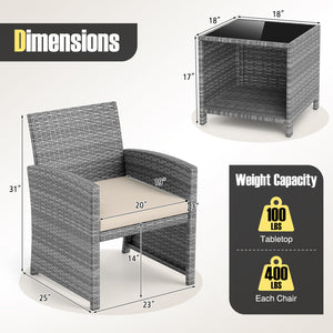 3 Pieces Patio Furniture Set with Tempered Glass Coffee Table and Soft Seat Cushions-White