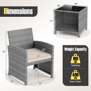 3 Pieces Patio Furniture Set with Tempered Glass Coffee Table and Soft Seat Cushions-White