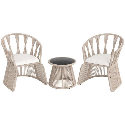 3 Pieces Patio Leisure Chair Set with Rope-Woven Armchairs and Seat Cushions-Off White