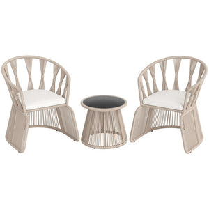 3 Pieces Patio Leisure Chair Set with Rope-Woven Armchairs and Seat Cushions-Off White