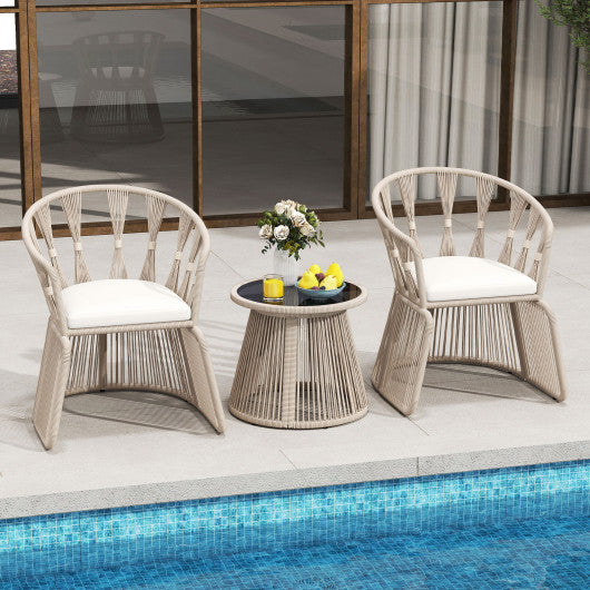 3 Pieces Patio Leisure Chair Set with Rope-Woven Armchairs and Seat Cushions-Off White