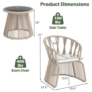 3 Pieces Patio Leisure Chair Set with Rope-Woven Armchairs and Seat Cushions-Off White