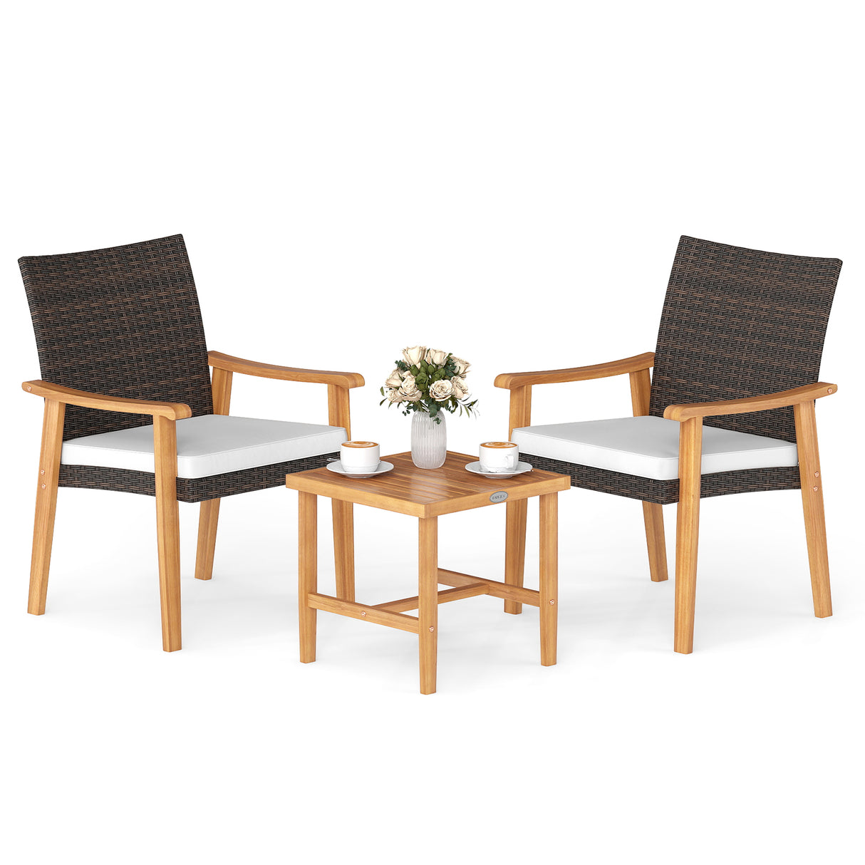 3 Pieces Patio PE Wicker Furniture Set Acacia Wood Outdoor Conversation Bistro Set-White