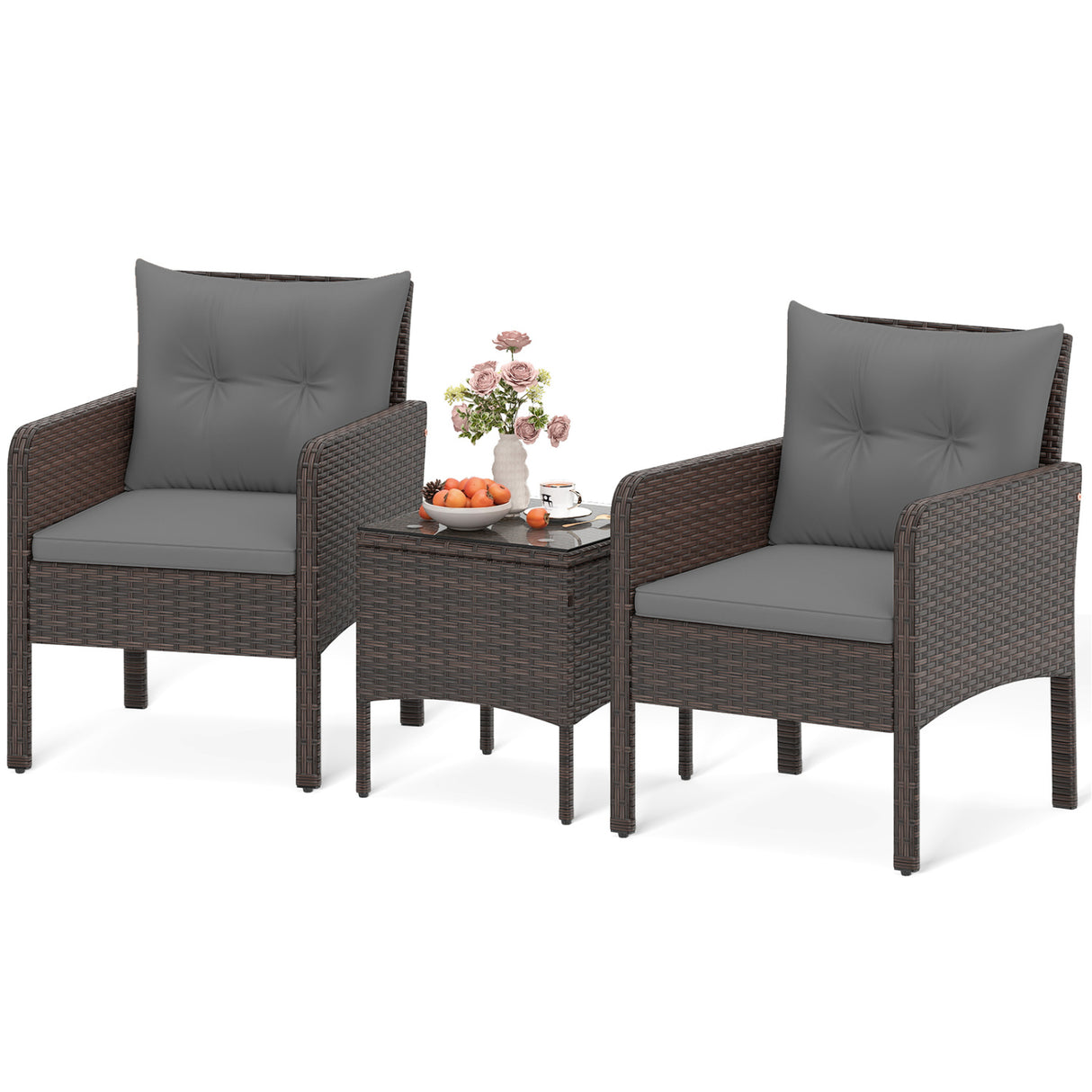3 Pieces Patio PE Wicker Furniture Set with Cushions  for Porch and Balcony-Gray