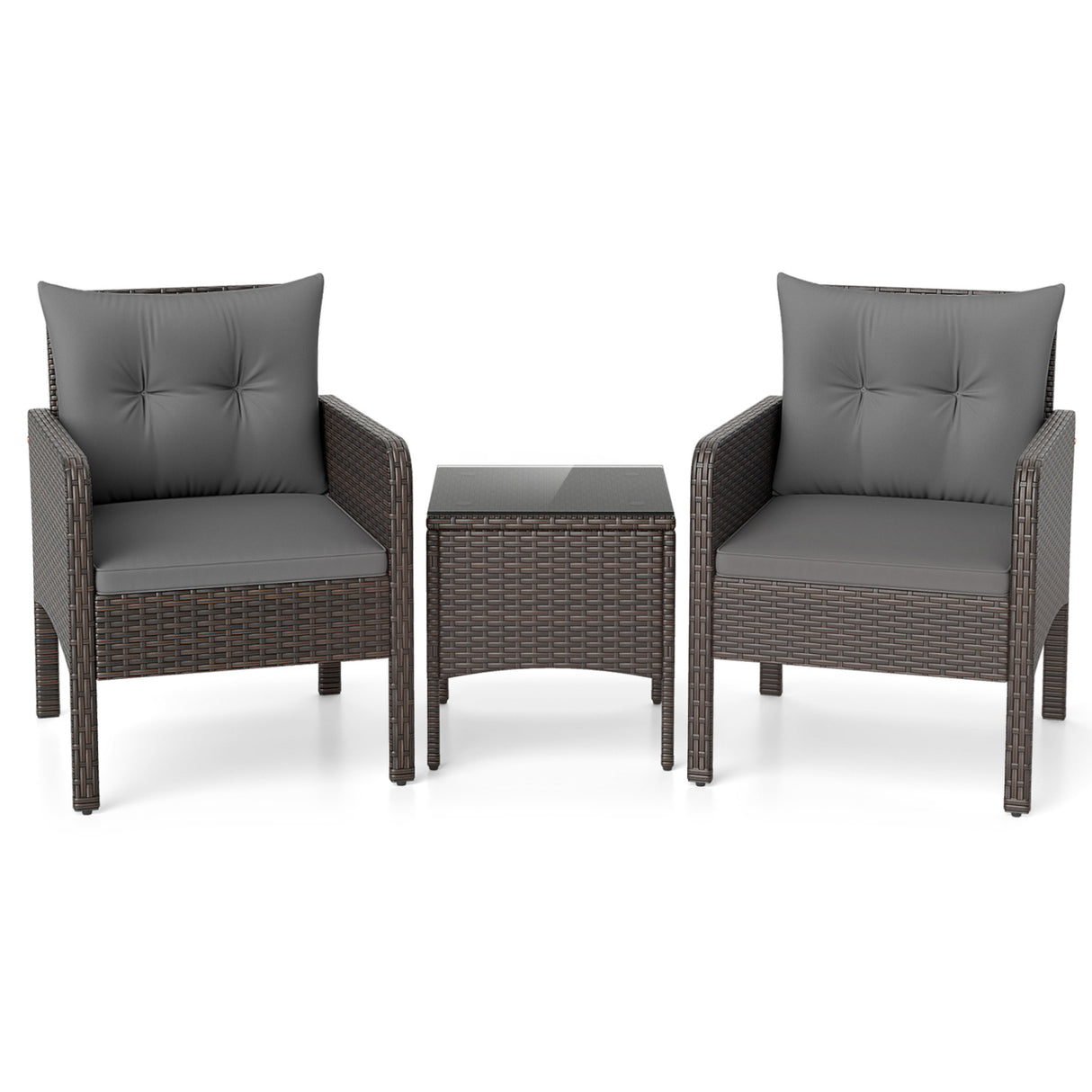 3 Pieces Patio PE Wicker Furniture Set with Cushions  for Porch and Balcony-Gray