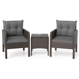 3 Pieces Patio PE Wicker Furniture Set with Cushions  for Porch and Balcony-Gray