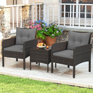 3 Pieces Patio PE Wicker Furniture Set with Cushions  for Porch and Balcony-Gray