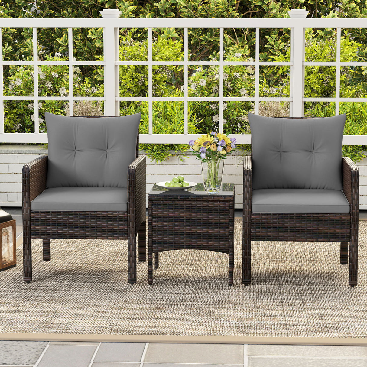 3 Pieces Patio PE Wicker Furniture Set with Cushions  for Porch and Balcony-Gray