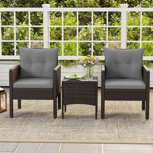 3 Pieces Patio PE Wicker Furniture Set with Cushions  for Porch and Balcony-Gray