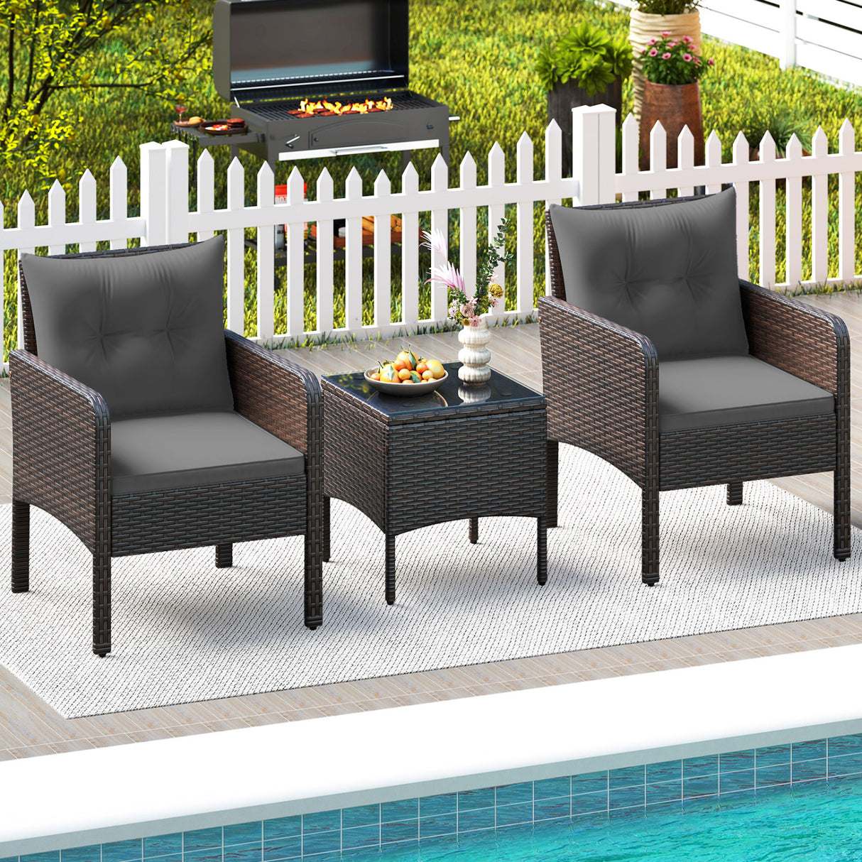 3 Pieces Patio PE Wicker Furniture Set with Cushions  for Porch and Balcony-Gray