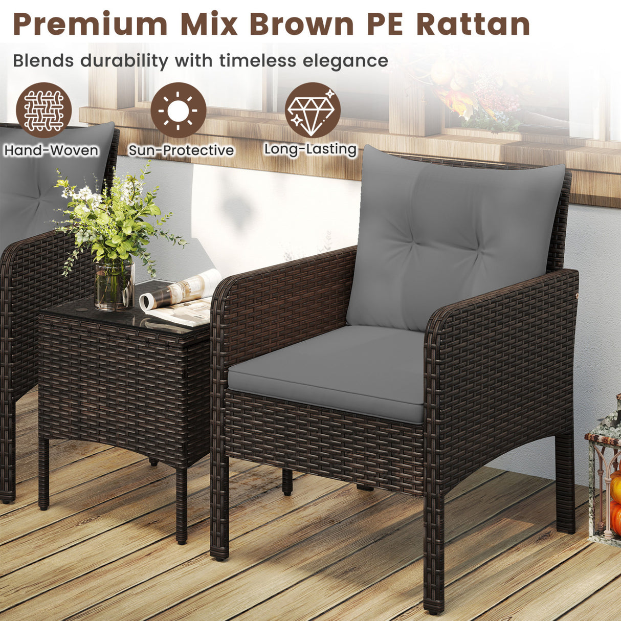3 Pieces Patio PE Wicker Furniture Set with Cushions  for Porch and Balcony-Gray