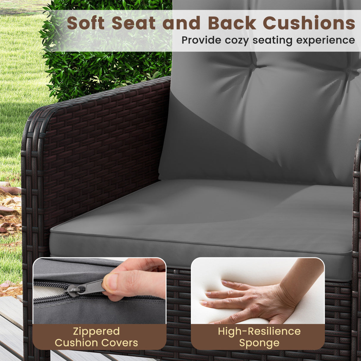 3 Pieces Patio PE Wicker Furniture Set with Cushions  for Porch and Balcony-Gray