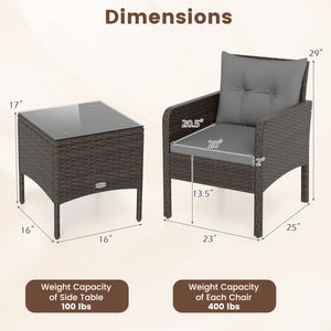 3 Pieces Patio PE Wicker Furniture Set with Cushions  for Porch and Balcony-Gray