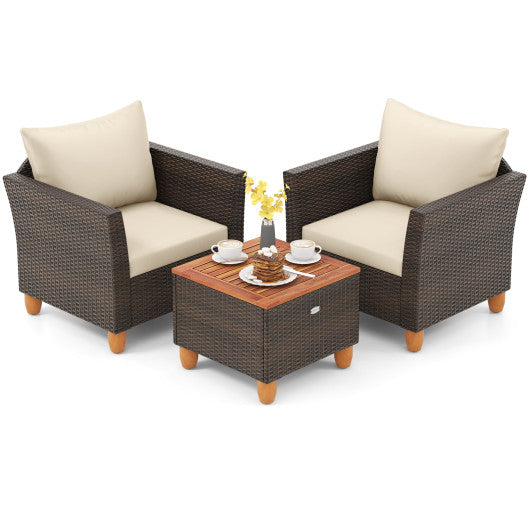 3 Pieces Patio PE Wicker Furniture Set with Cushions and Acacia Wood Storage Coffee Table-Beige