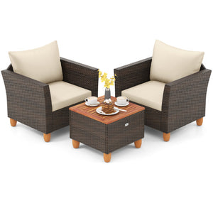 3 Pieces Patio PE Wicker Furniture Set with Cushions and Acacia Wood Storage Coffee Table-Beige