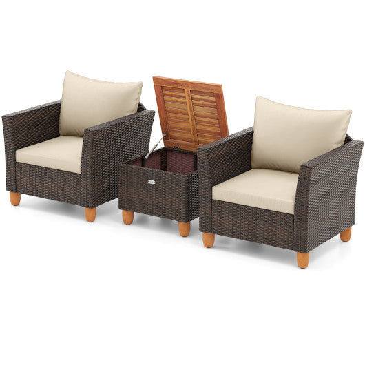 3 Pieces Patio PE Wicker Furniture Set with Cushions and Acacia Wood Storage Coffee Table-Beige