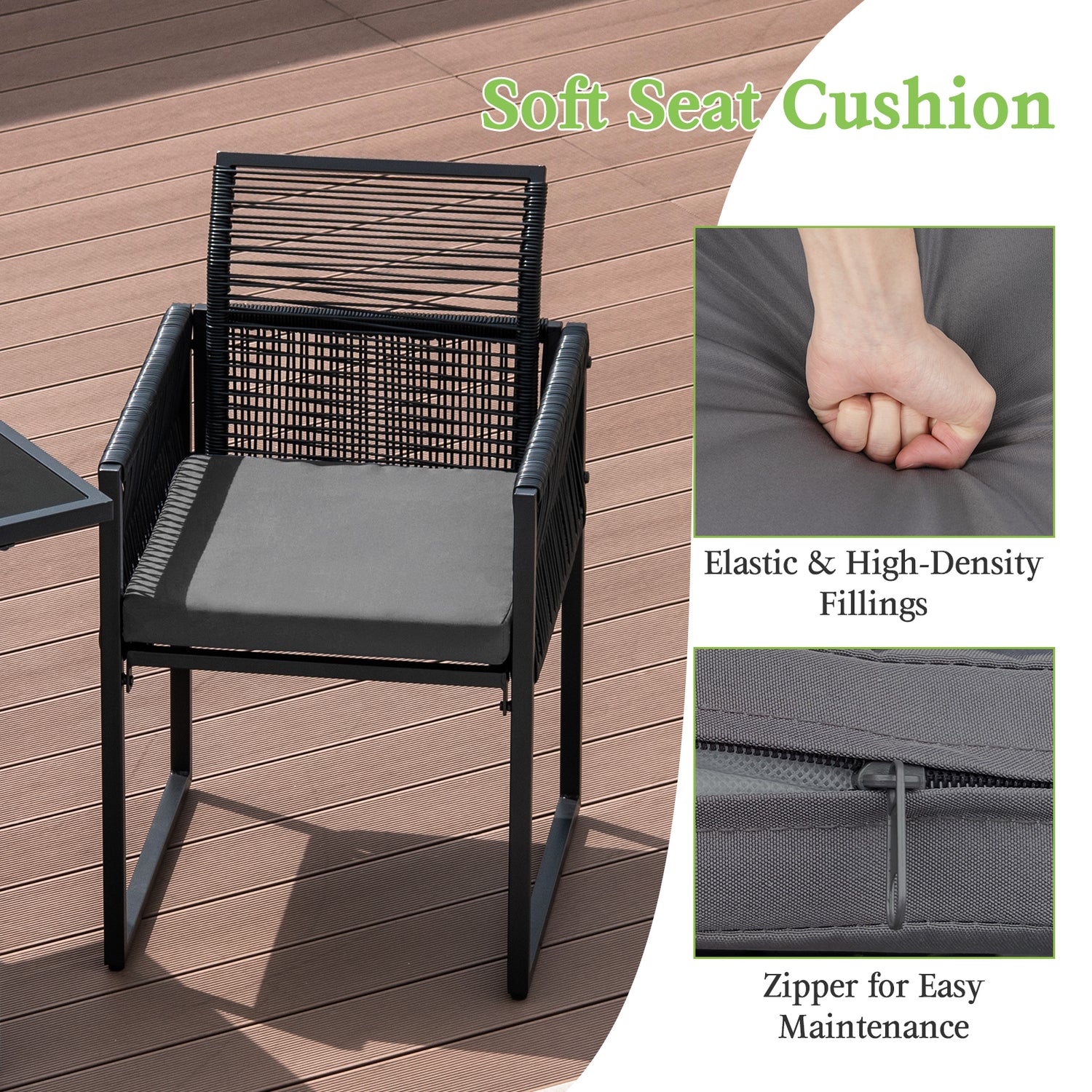 3 Pieces Outdoor Dining Set with Folding Backrest and Seat Cushions-Gray