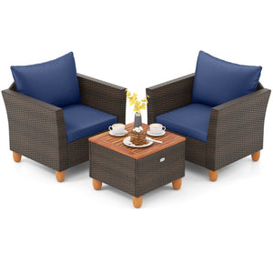 3 Pieces Patio PE Wicker Furniture Set with Cushions and Acacia Wood Storage Coffee Table-Navy