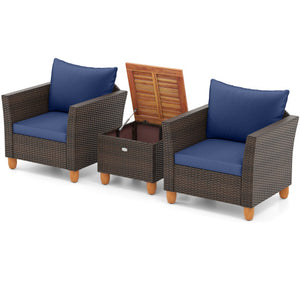 3 Pieces Patio PE Wicker Furniture Set with Cushions and Acacia Wood Storage Coffee Table-Navy