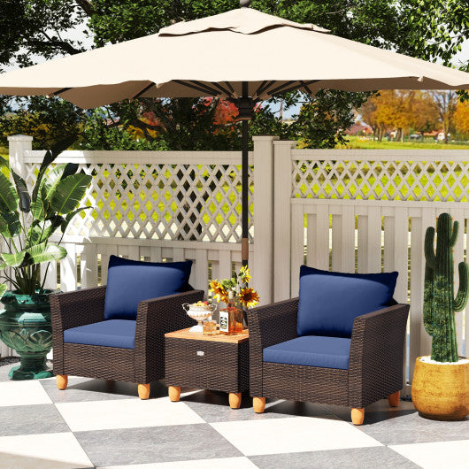 3 Pieces Patio PE Wicker Furniture Set with Cushions and Acacia Wood Storage Coffee Table-Navy