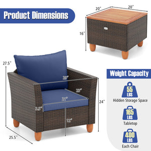 3 Pieces Patio PE Wicker Furniture Set with Cushions and Acacia Wood Storage Coffee Table-Navy