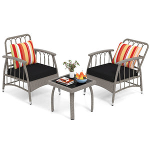 3 Pieces Patio PE Wicker Furniture Set with 5-Level Adjustable Backrest-Gray
